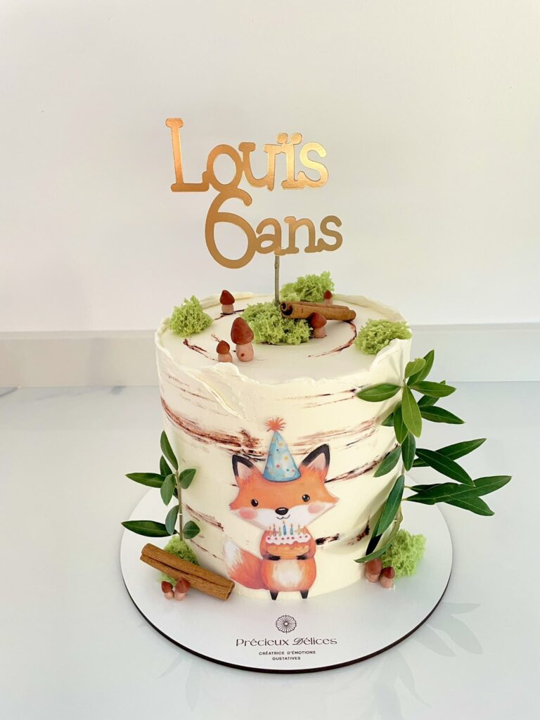 Gâteau d’anniversaire enfant personnalisé thème forêt avec renard, décor naturel et doux – Précieux Délices