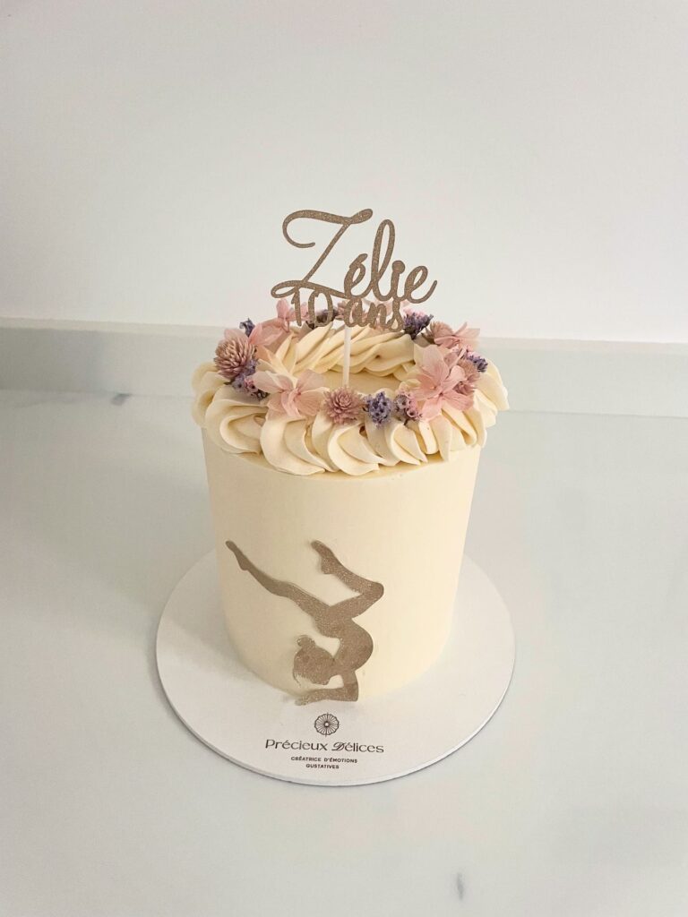 Gâteau d’anniversaire personnalisé enfants thème gymnastique et danse, décoration élégante et florale – Précieux Délices Orléans