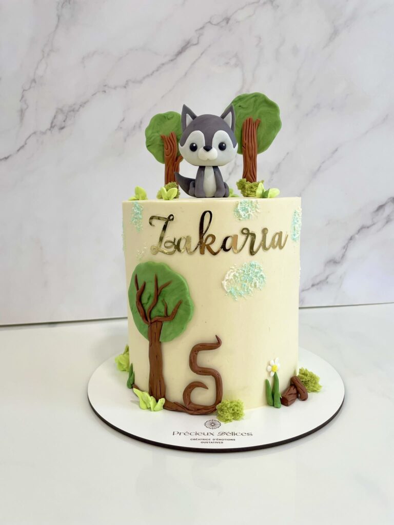 Gâteau d’anniversaire enfant personnalisé thème forêt avec animaux et décor végétal – Précieux Délices