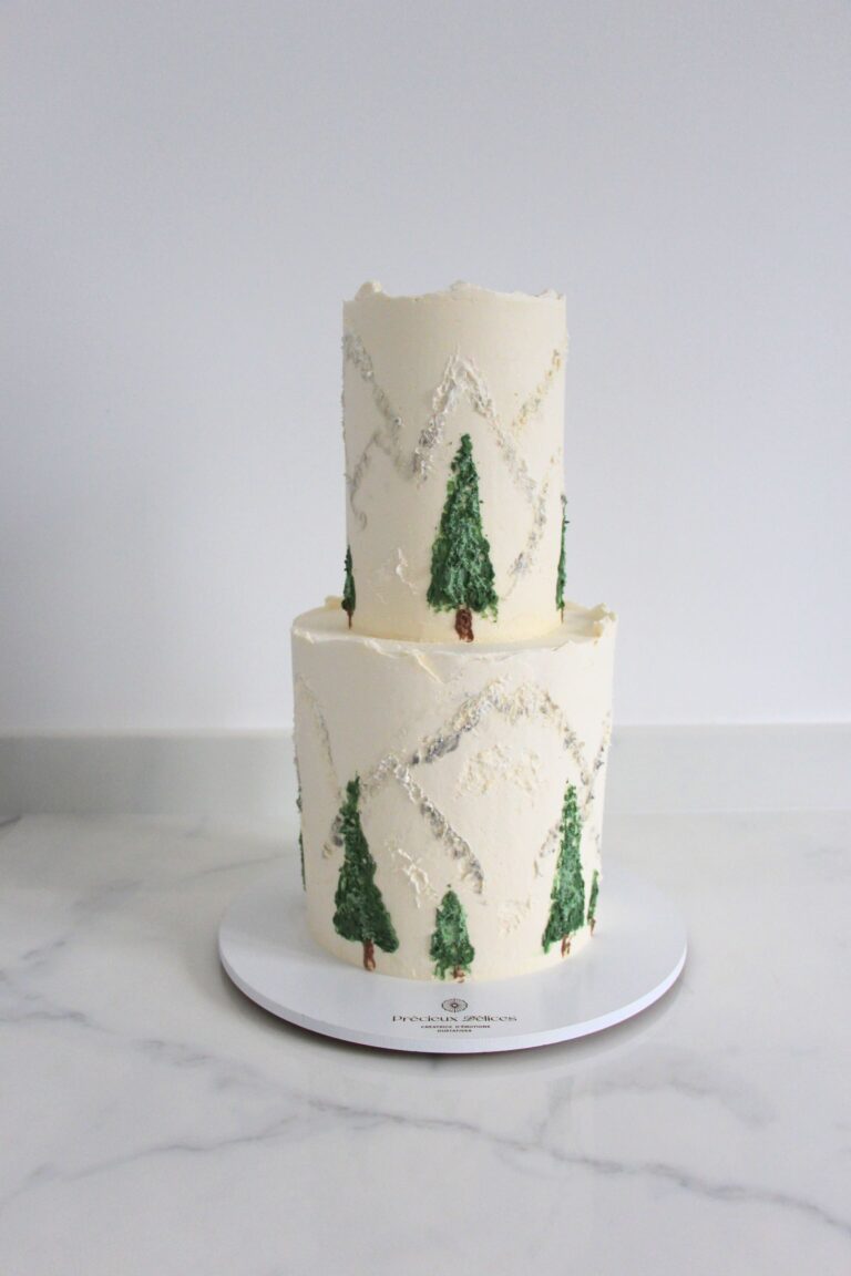 Pièce montée gateau anniversaire personnalisé cake design thème neige ski montage par Précieux Délices Orléans